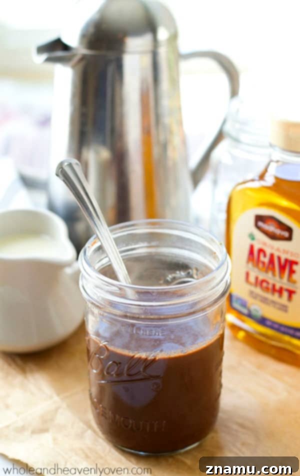 Easy 4-Ingredient Agave Mocha Coffee Syrup 5 Agave Mocha Coffee Syrup in a decorative glass jar, perfect for gifting.