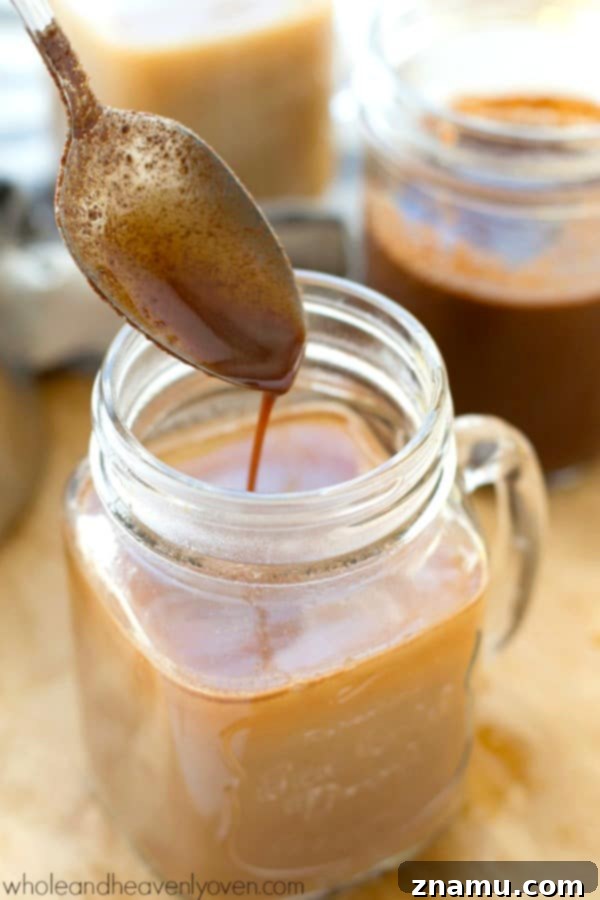 Easy 4-Ingredient Agave Mocha Coffee Syrup 9 Whisking vanilla extract into the Agave Mocha Coffee Syrup after simmering.