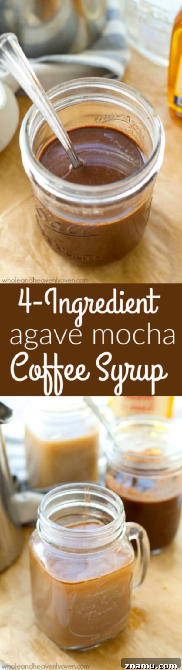 Easy 4-Ingredient Agave Mocha Coffee Syrup 10 A finished Agave Mocha Coffee Syrup mocha, topped with whipped cream and syrup drizzle.