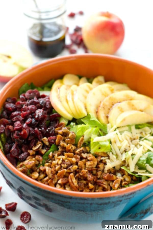 A vibrant Bistro Fall Salad featuring crisp apples, homemade candied pecans, tangy maple balsamic dressing, and fresh greens, perfect for celebrating the season.