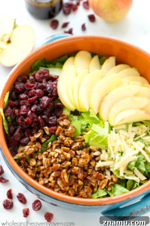 A serving of Bistro Fall Salad drizzled with maple balsamic dressing, ready to be enjoyed.