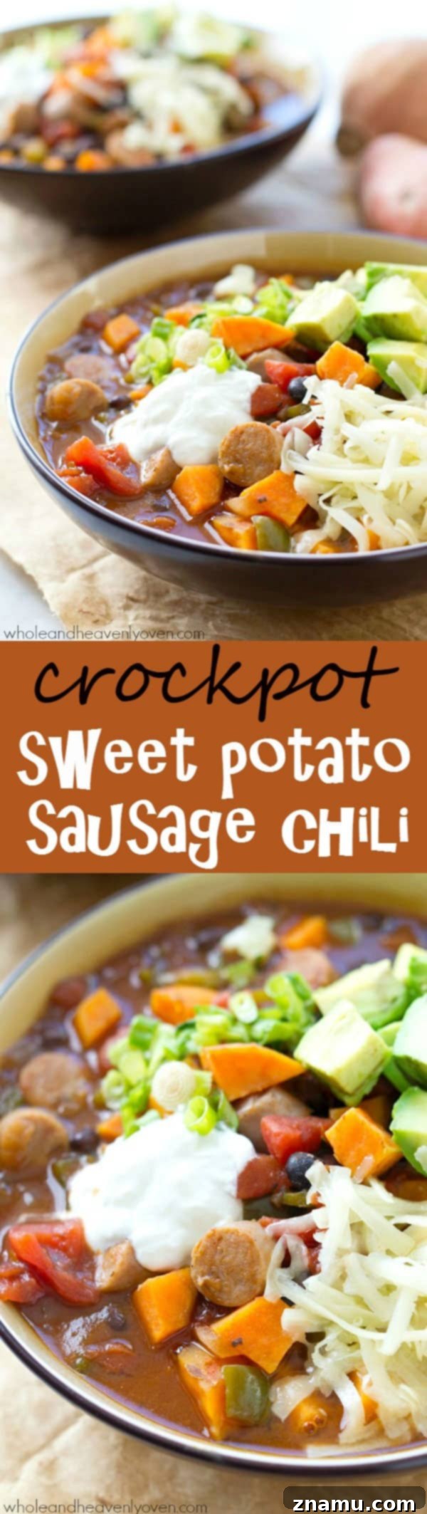 Hearty Slow Cooker Sweet Potato Sausage Chili 9 A delicious bowl of Crockpot Sweet Potato Sausage Chili, ready to be eaten, with a spoon for serving.