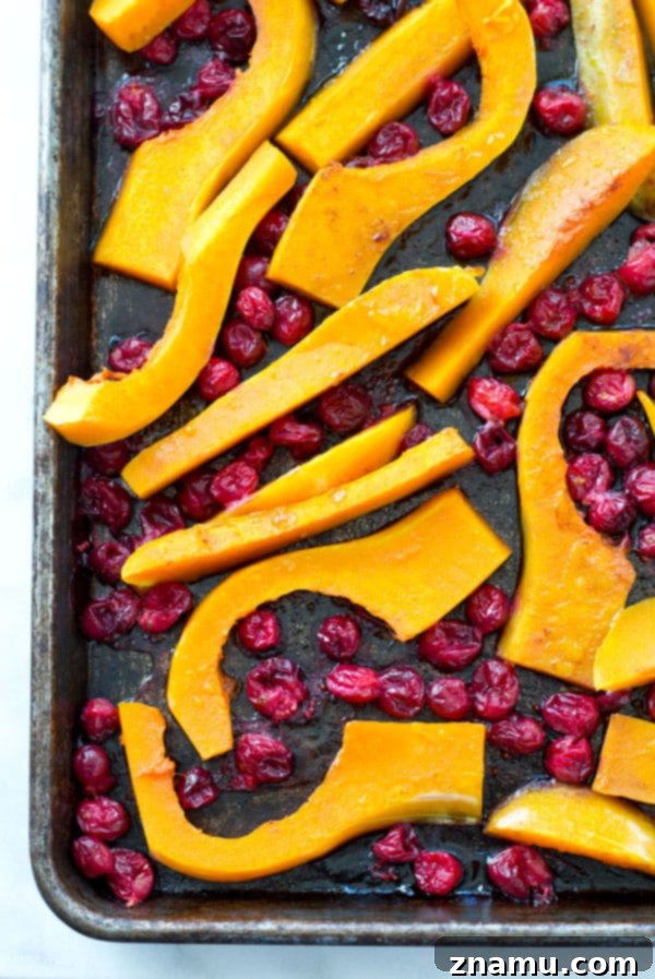 Butternut squash and cranberries are roasted to perfection in tons of honey and olive oil for one stunning side dish perfect for Thanksgiving or any fall dinner! @WholeHeavenly
