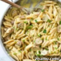 Harvest Pumpkin & Sausage Penne Alfredo 11 Ultimately creamy and packed with sausage and a mild pumpkin flavor, this pumpkin sausage alfredo penne is going to become your favorite fall comfort food!