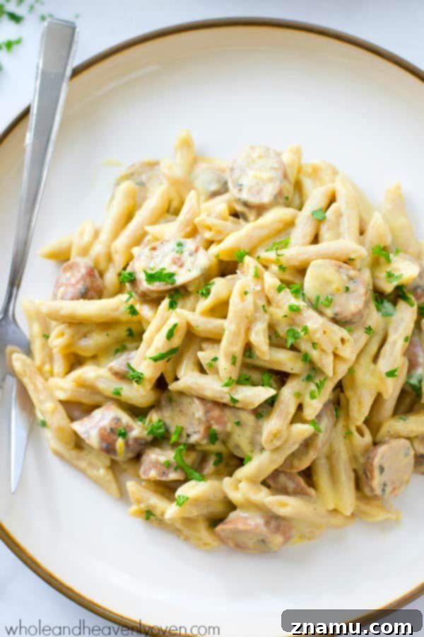 Harvest Pumpkin & Sausage Penne Alfredo 9 Pumpkin Sausage Alfredo Penne Overhead Shot