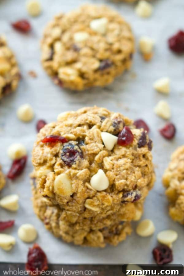 Crimson & Cream Oatmeal Cookie Bliss 4 Stack of Cranberry White Chocolate Oatmeal Cookies, highlighting the generous fillings