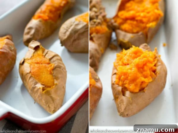 Creamy Twice-Baked Sweet Potatoes with Crunchy Pecan Streusel 5 Multiple individual twice-baked sweet potatoes with a generous pecan streusel topping arranged on a baking sheet.