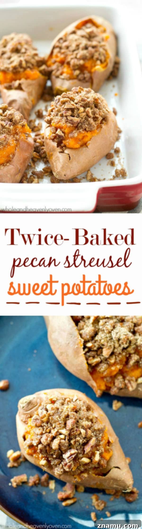 Creamy Twice-Baked Sweet Potatoes with Crunchy Pecan Streusel 8 Rustic Thanksgiving spread with various dishes, highlighting the twice-baked sweet potatoes as a centerpiece side.