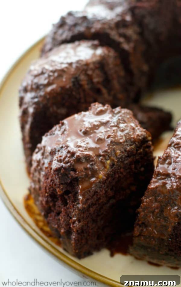 Decadent Birthday Chocolate Bundt Cake 6 Close-up of a perfectly sliced piece of chocolate bundt cake.