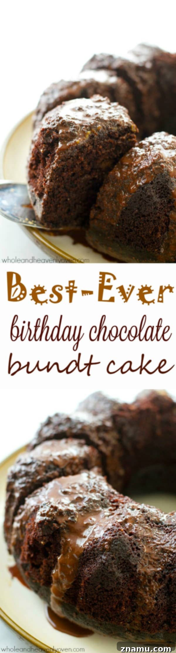 Decadent Birthday Chocolate Bundt Cake 8 A large chocolate bundt cake adorned with a smooth chocolate ganache glaze.
