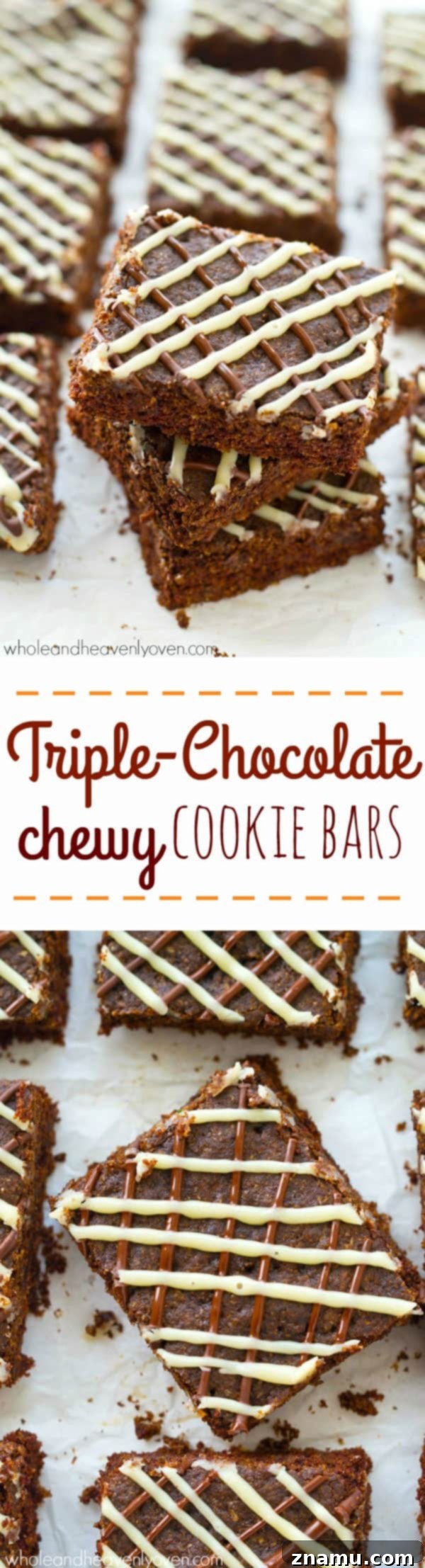 Decadent Triple Chocolate Chewy Bars 8 A stack of heavenly triple chocolate chewy cookie bars, showcasing their rich texture and generous chocolate chips. An ultimate indulgence. @WholeHeavenly
