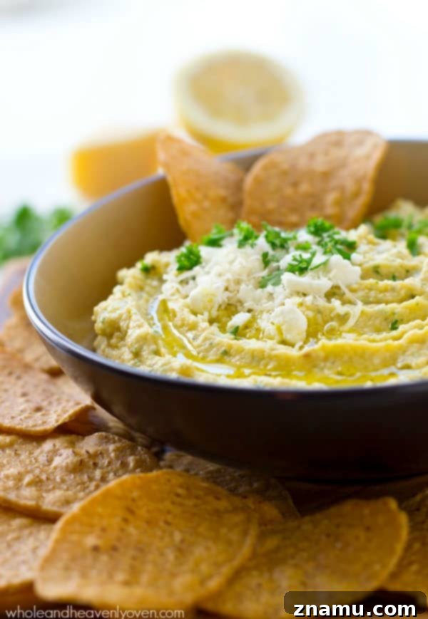 Richly Herbed Hummus with Roasted Garlic and Three Cheeses 4 A trio of cheeses, homemade roasted garlic, and fresh herbs star in this super-easy and unbelievably smooth hummus.---It's the perfect dip for any holiday appetizer table! @WholeHeavenly