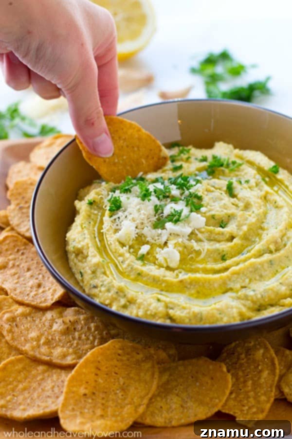 Richly Herbed Hummus with Roasted Garlic and Three Cheeses 8 A trio of cheeses, homemade roasted garlic, and fresh herbs star in this super-easy and unbelievably smooth hummus.---It's the perfect dip for any holiday appetizer table! @WholeHeavenly