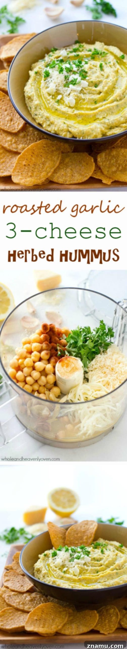 Richly Herbed Hummus with Roasted Garlic and Three Cheeses 9 A trio of cheeses, homemade roasted garlic, and fresh herbs star in this super-easy and unbelievably smooth hummus.---It's the perfect dip for any holiday appetizer table! @WholeHeavenly