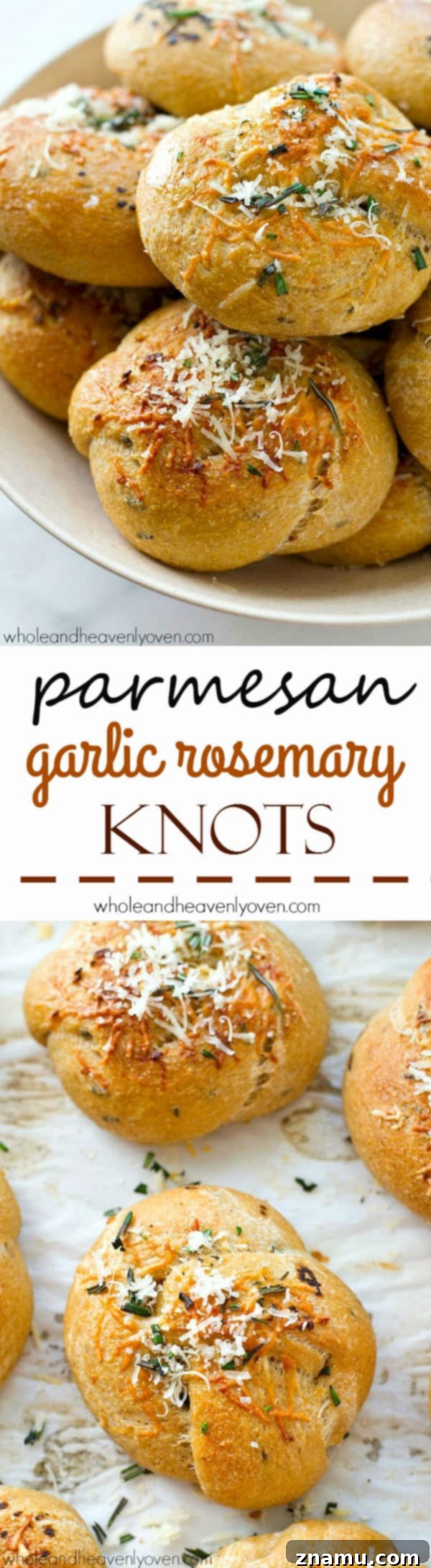 Garlic Rosemary Parmesan Knots 7 Several freshly baked Parmesan Garlic Rosemary Knots arranged artfully on a white surface, garnished with fresh rosemary sprigs.