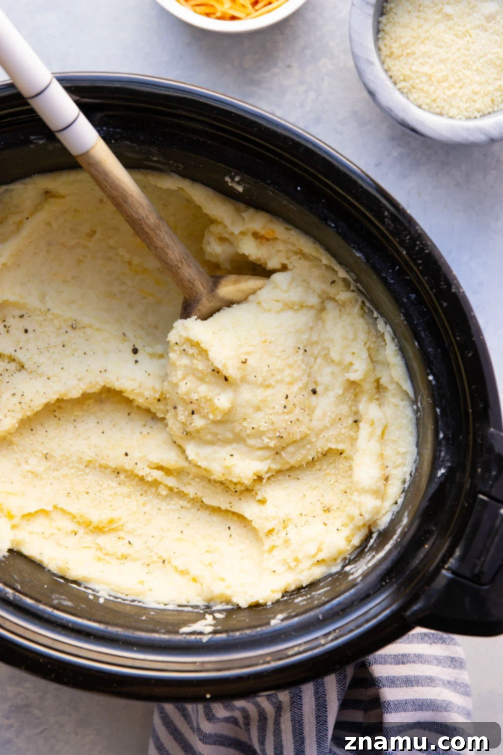 Decadent Slow Cooker Three Cheese Mashed Potatoes 4 Made completely in the crockpot and packed with a triple whammy of cheese, these three cheese mashed potatoes are perfectly creamy and the easiest side dish!
