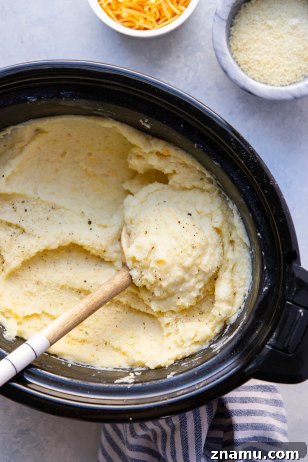 Decadent Slow Cooker Three Cheese Mashed Potatoes 6 Made completely in the crockpot and packed with a triple whammy of cheese, these three cheese mashed potatoes are perfectly creamy and the easiest side dish!