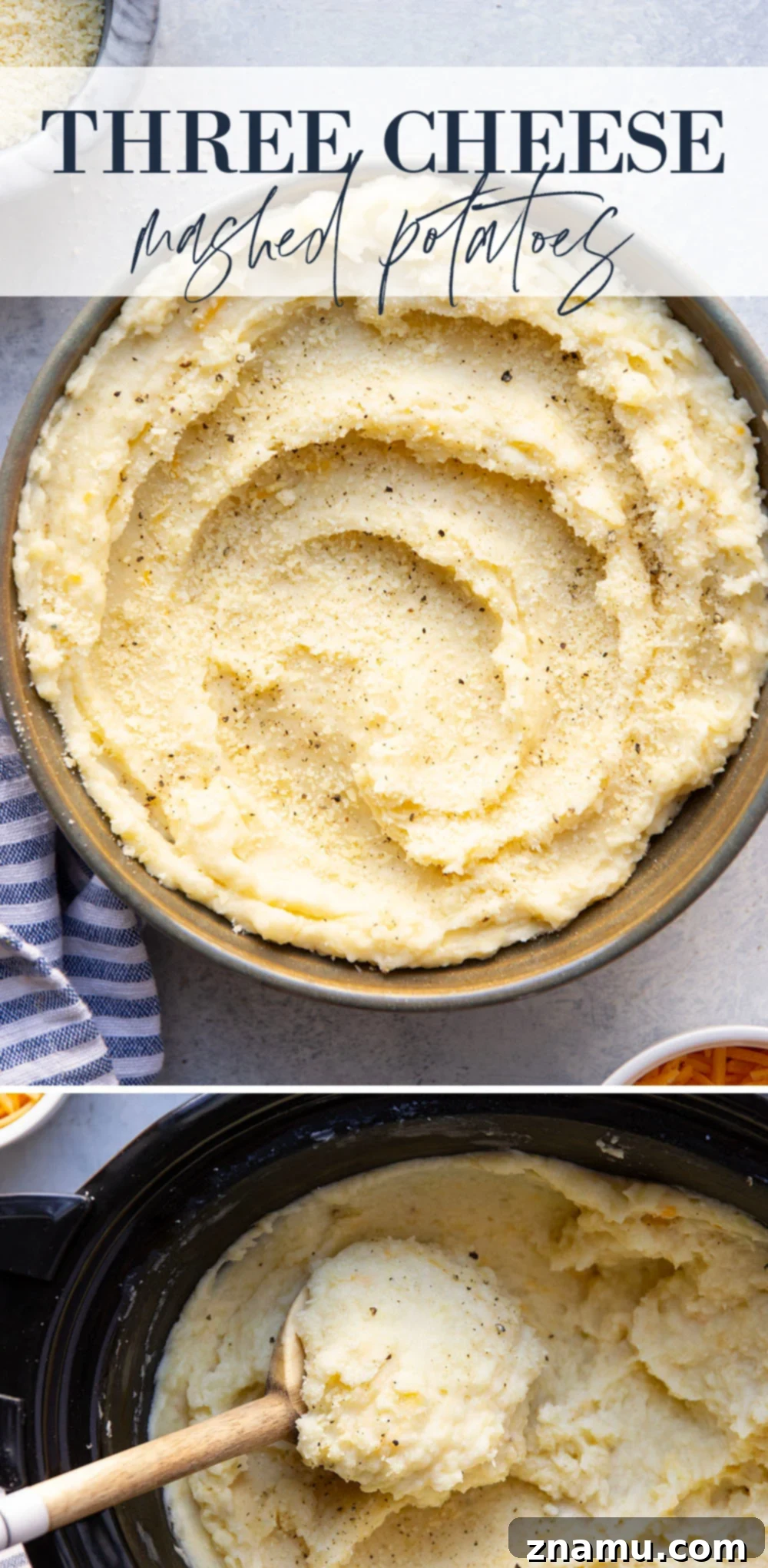 Decadent Slow Cooker Three Cheese Mashed Potatoes 7 Made completely in the crockpot and packed with a triple whammy of cheese, these three cheese mashed potatoes are perfectly creamy and the easiest side dish!