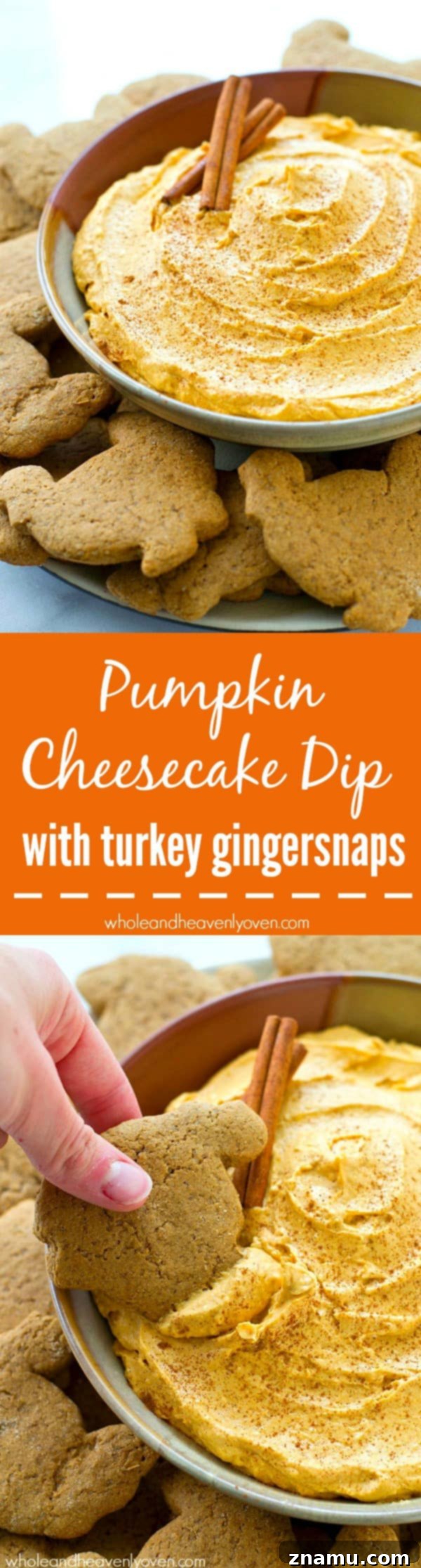 Spiced Pumpkin Cheesecake Dip with Zesty Gingersnap Dippers 8 Close-up of the pumpkin cheesecake dip with a variety of festive dippers, emphasizing its creamy texture and holiday appeal. @WholeHeavenly