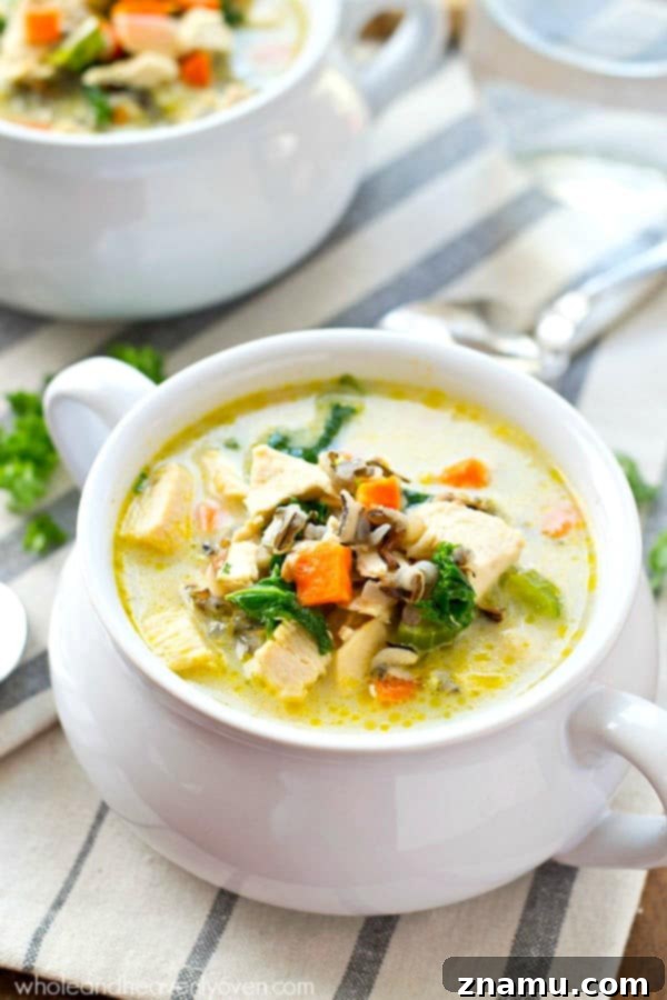 Creamy Turkey Wild Rice Revival 3 Bowl of Creamy Turkey Wild Rice Soup with fresh herbs