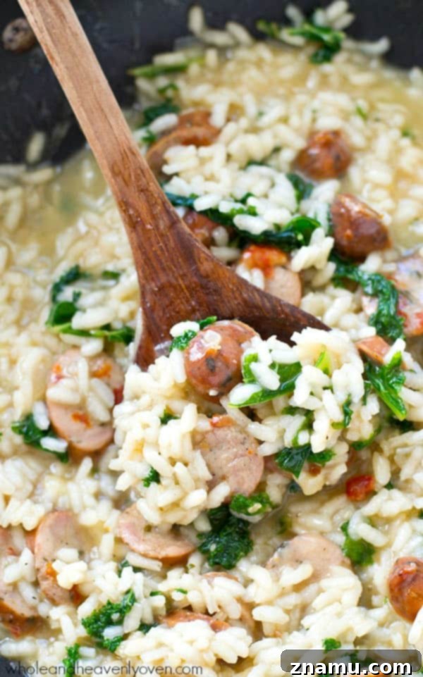 One-Pot Parmesan Risotto with Sausage and Kale 4 A serving of homemade parmesan risotto with sausage and kale, showcasing its rich, comforting appeal.
