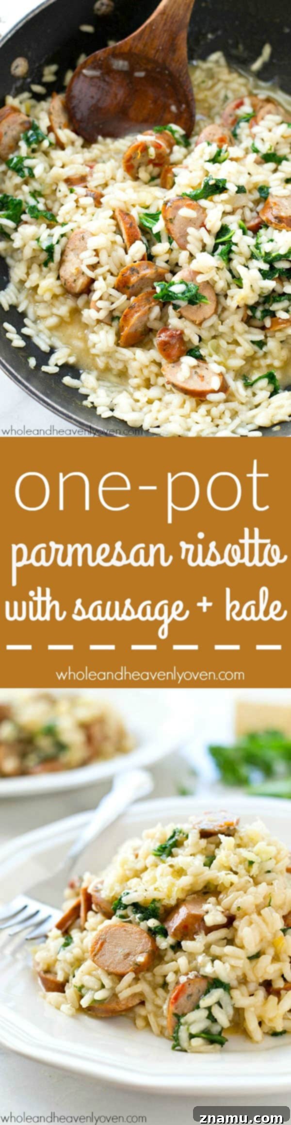 One-Pot Parmesan Risotto with Sausage and Kale 8 A generous portion of creamy parmesan risotto with sausage and kale in a pan, suggesting to eat directly from it.