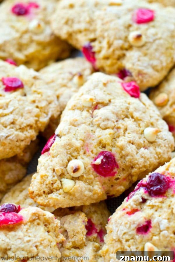 Indulgent White Chocolate Cranberry Scones 4 Freshly baked Cranberry Bliss Scones cooling on a wire rack