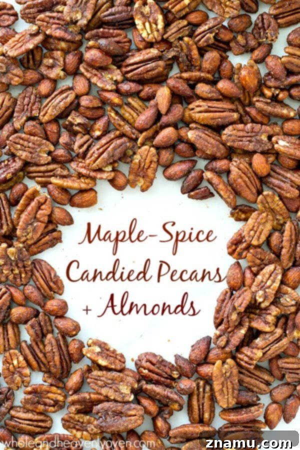Maple-Kissed Spiced Pecans and Almonds 3 Roasted to perfection in maple syrup and spices, these candied pecans and almonds make the ultimate holiday snack or gift! @WholeHeavenly