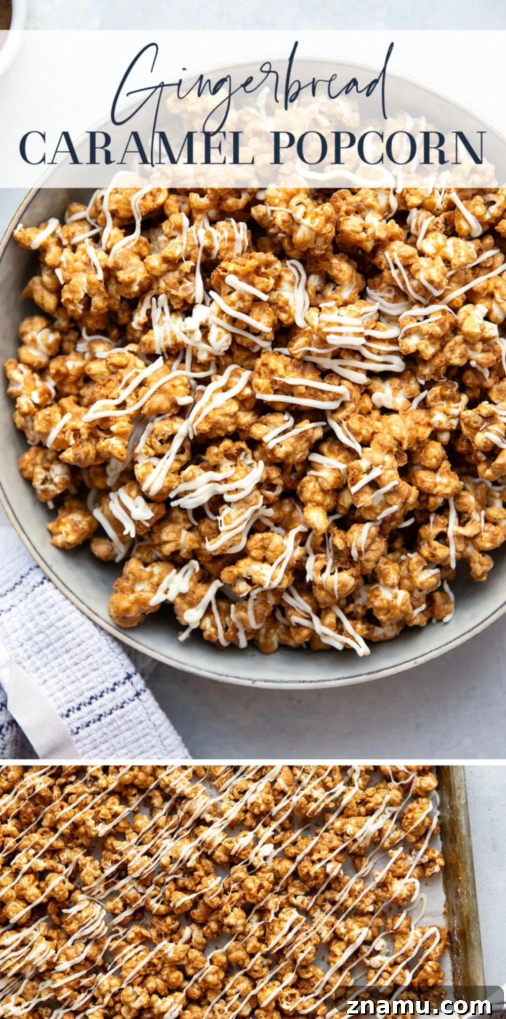 Gingerbread Caramel White Chocolate Crunch 7 Large batch of gingerbread caramel popcorn arranged artfully, showcasing the white chocolate.