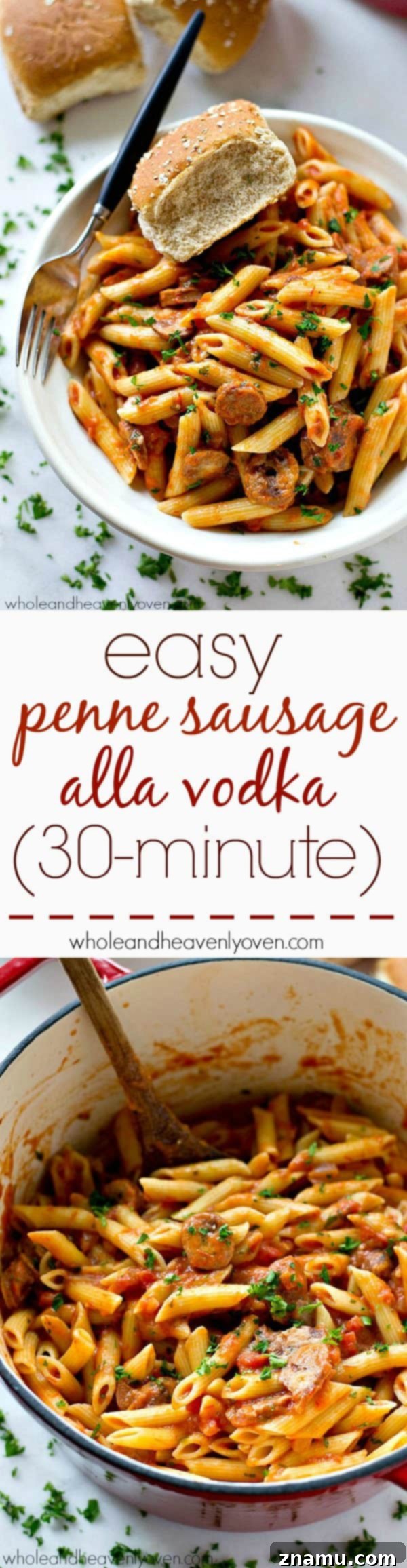 Effortless 30-Minute Penne Vodka with Sausage 8 A bowl of Penne Sausage Alla Vodka with a side of crusty bread, perfect for soaking up the sauce.