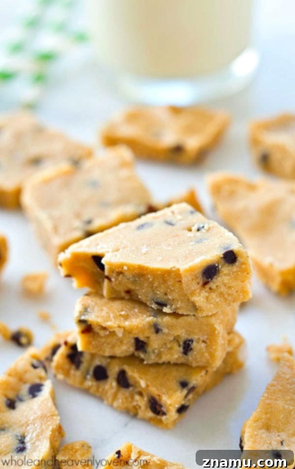 Wholesome Cashew Butter Cookie Dough Bark 3 Close-up of healthy cookie dough bark with mini chocolate chips
