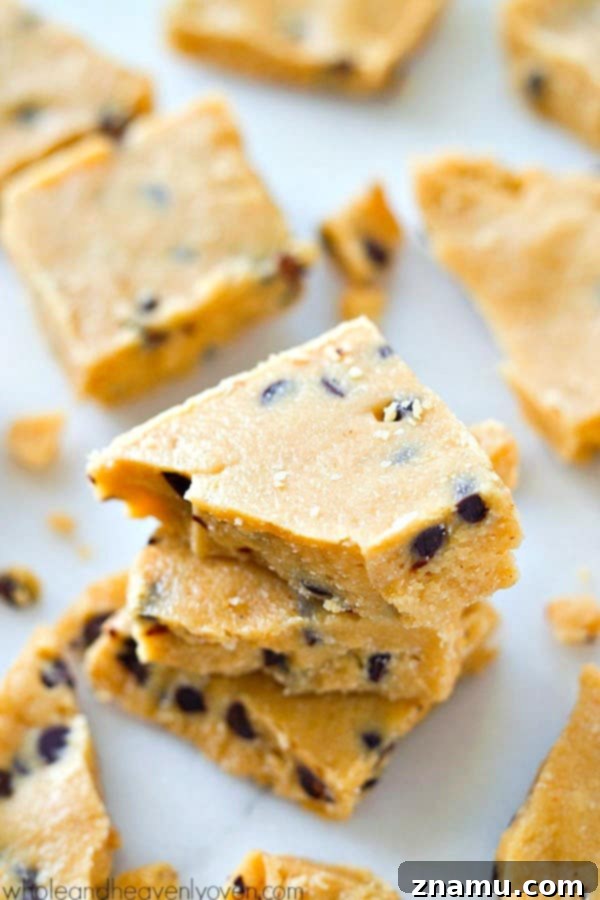 Wholesome Cashew Butter Cookie Dough Bark 5 Overhead shot of freshly made cookie dough bark on parchment paper