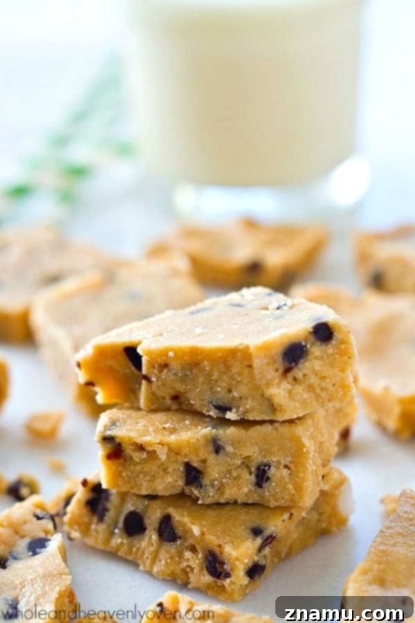 Wholesome Cashew Butter Cookie Dough Bark 6 Stacked pieces of healthy cashew butter cookie dough bark