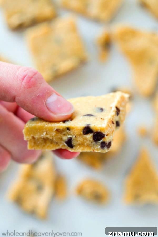 Wholesome Cashew Butter Cookie Dough Bark 8 Close-up of a square piece of healthy cookie dough bark
