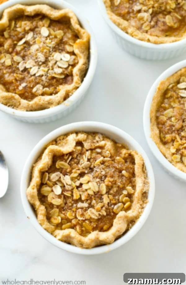 Mini Pear Cranberry Crisps for One 10 Individual mini pumpkin streusel pies, featuring a silky pumpkin filling and a generous oat streusel topping.