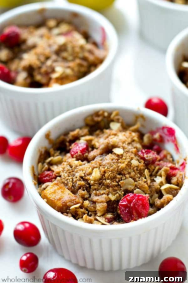 Mini Pear Cranberry Crisps for One 3 Close-up of a mini pear cranberry crisp, showcasing the vibrant fruit filling and generous streusel topping.