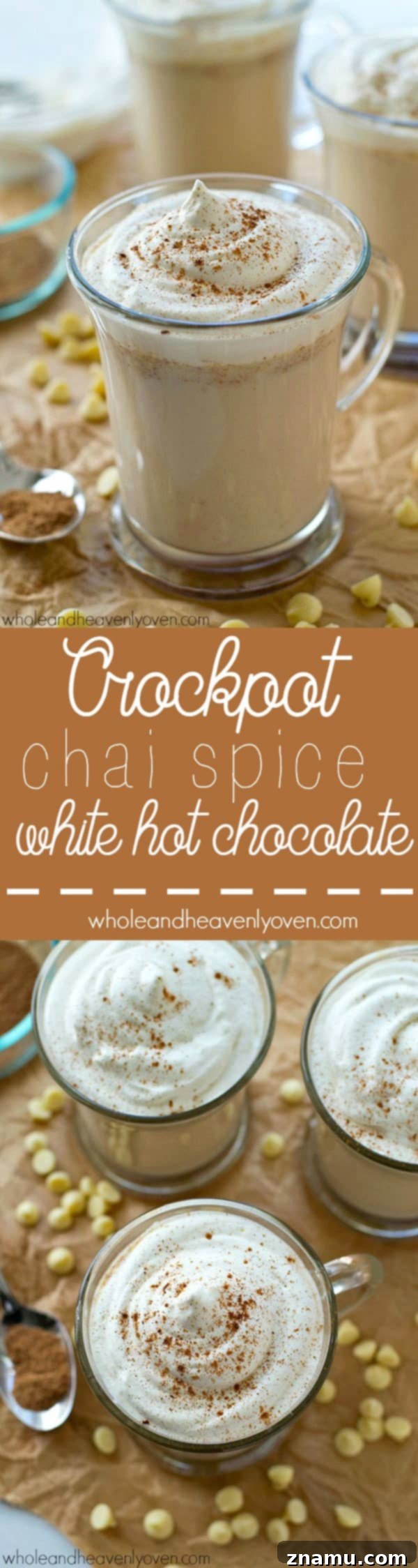 Overhead view of a beautifully styled mug of crockpot chai-spiced white hot chocolate, perfect for holiday enjoyment.