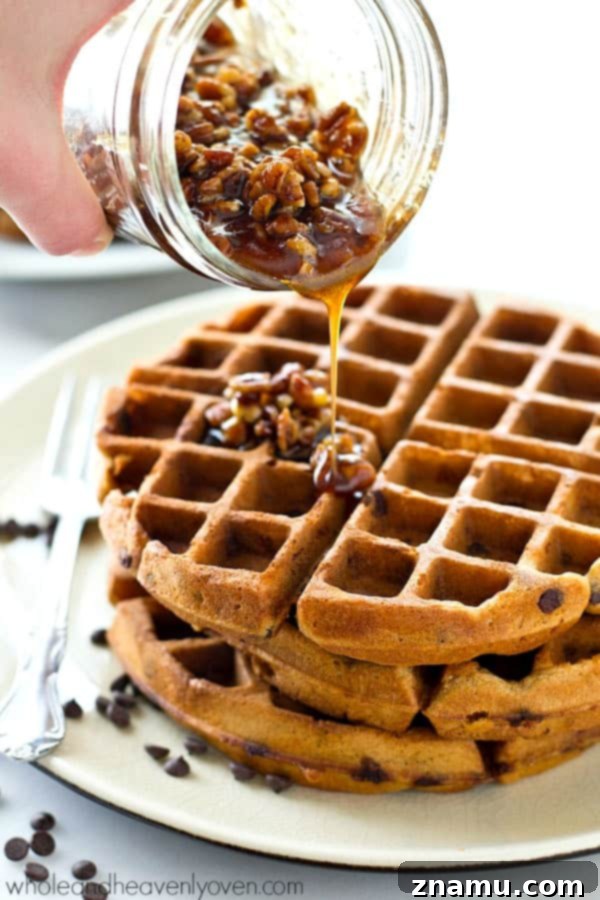 Pecan Maple Drizzled Gingerbread Chocolate Chip Waffles 6 Crisp on the outside, fluffy on the inside, and covered with an unbelievable pecan maple syrup, these gingerbread chocolate chip waffles are going to become a weekend favorite!