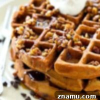 Pecan Maple Drizzled Gingerbread Chocolate Chip Waffles 9 Crisp on the outside, fluffy on the inside, and covered with an unbelievable pecan maple syrup, these gingerbread chocolate chip waffles are going to become a weekend favorite!
