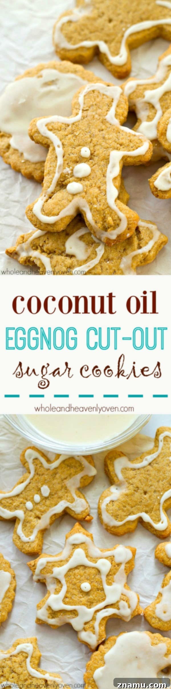 Coconut-Infused Eggnog Sugar Cookie Cut-Outs 10 Delicious coconut oil eggnog sugar cookies displayed on a baking tray.