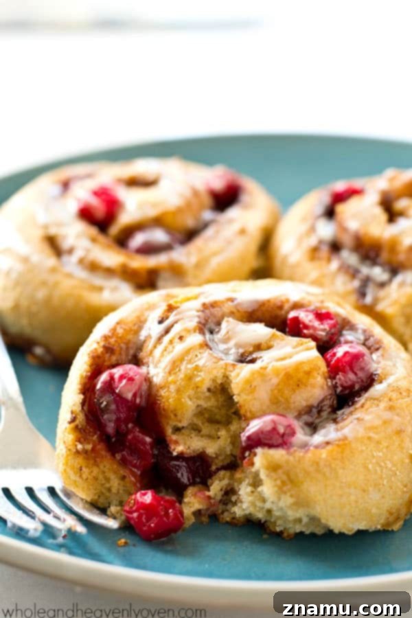 Dreamy Overnight Eggnog Cranberry Cinnamon Rolls 6 Freshly baked Eggnog Cranberry Cinnamon Rolls, golden brown and ready for icing