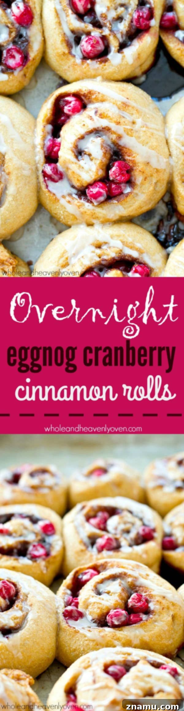 Dreamy Overnight Eggnog Cranberry Cinnamon Rolls 8 A stack of freshly baked Eggnog Cranberry Cinnamon Rolls, generously iced and ready to serve