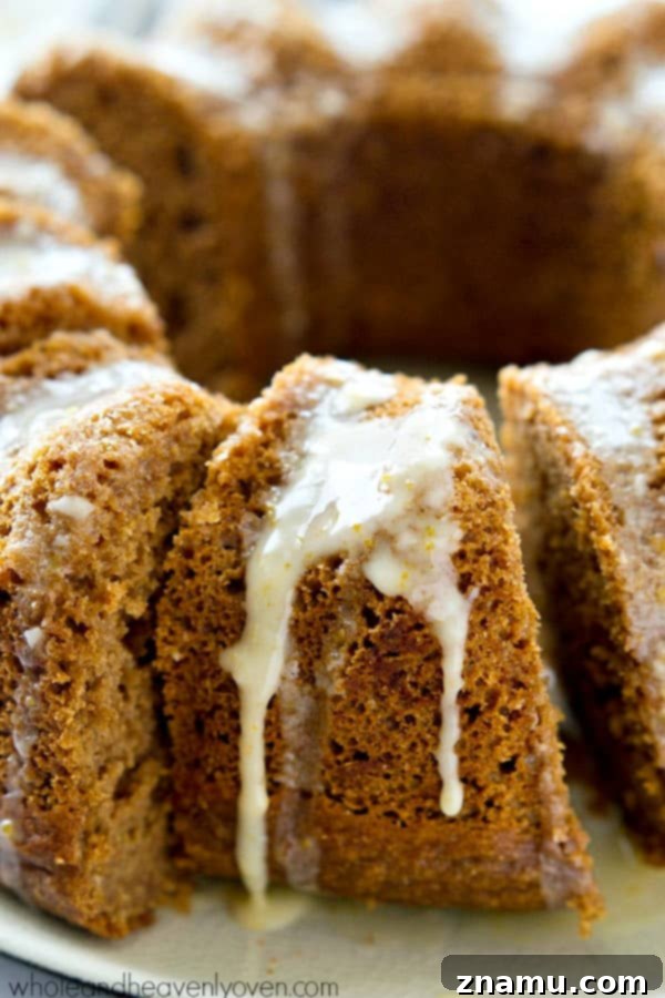 Festive Gingerbread Bundt with Citrus Glaze 4 Close-up of Orange Glaze drizzled over a festive Gingerbread Bundt Cake