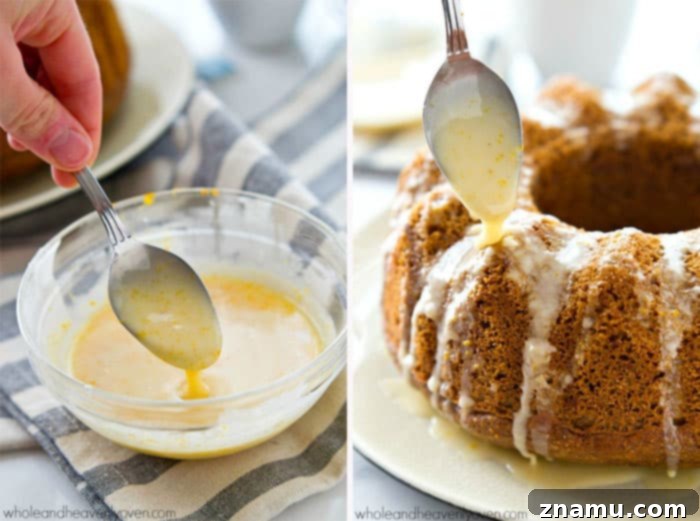 Festive Gingerbread Bundt with Citrus Glaze 7 Top view of Gingerbread Bundt Cake with generous orange glaze dripping down