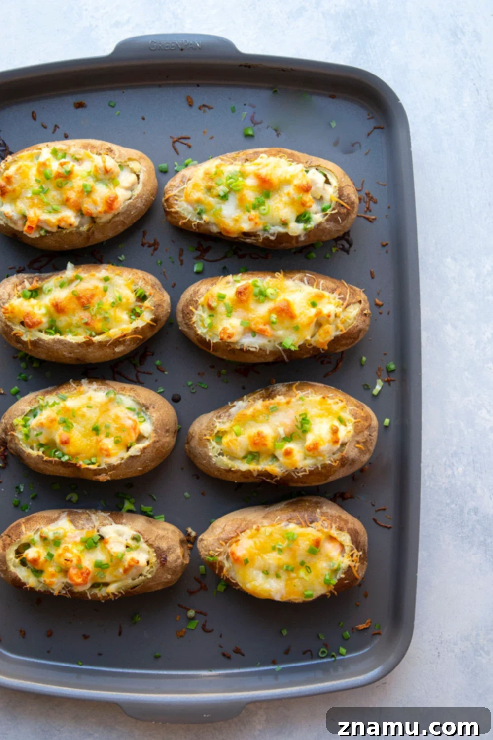Loaded Chicken Pot Pie Potato Skins 4 A tray of freshly baked chicken pot pie potato skins ready to serve.
