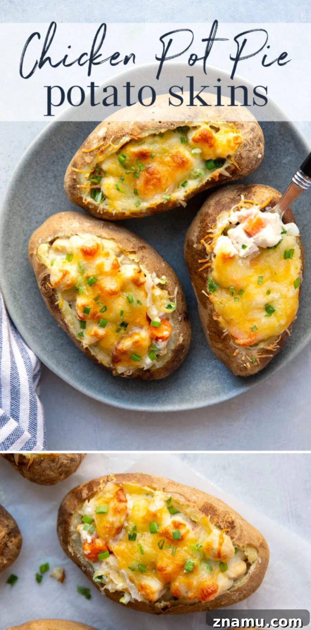 Loaded Chicken Pot Pie Potato Skins 7 Overhead shot of two chicken pot pie potato skins on a rustic plate with a fork.