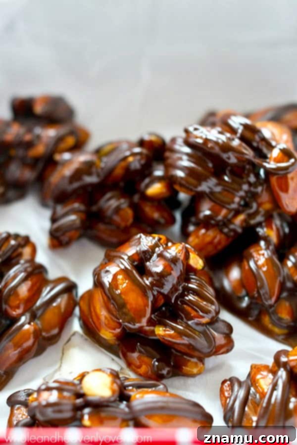 Almond Caramel Dark Chocolate Bites 7 Multiple Dark Chocolate Caramel Almond Clusters neatly arranged on parchment paper, after being drizzled with chocolate.