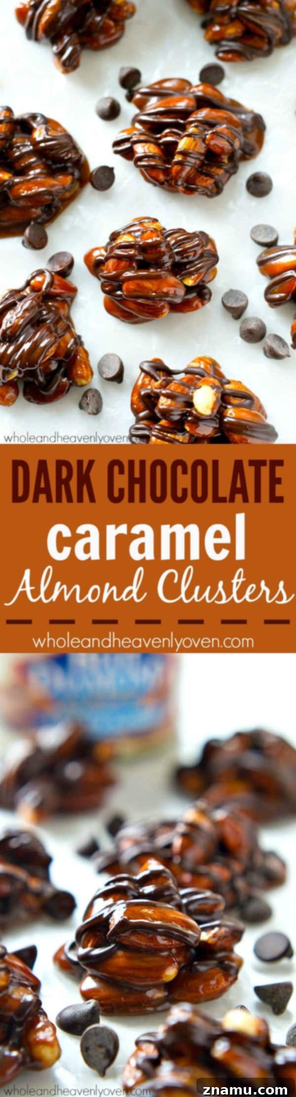 Almond Caramel Dark Chocolate Bites 8 A large pile of finished Dark Chocolate Caramel Almond Clusters, showcasing their abundance and delicious appeal.