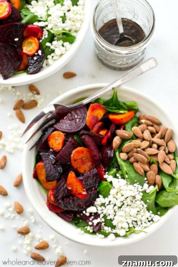 Vibrant Maple Roasted Root and Spinach Salad 3 Close-up of maple roasted beet and carrot spinach salad