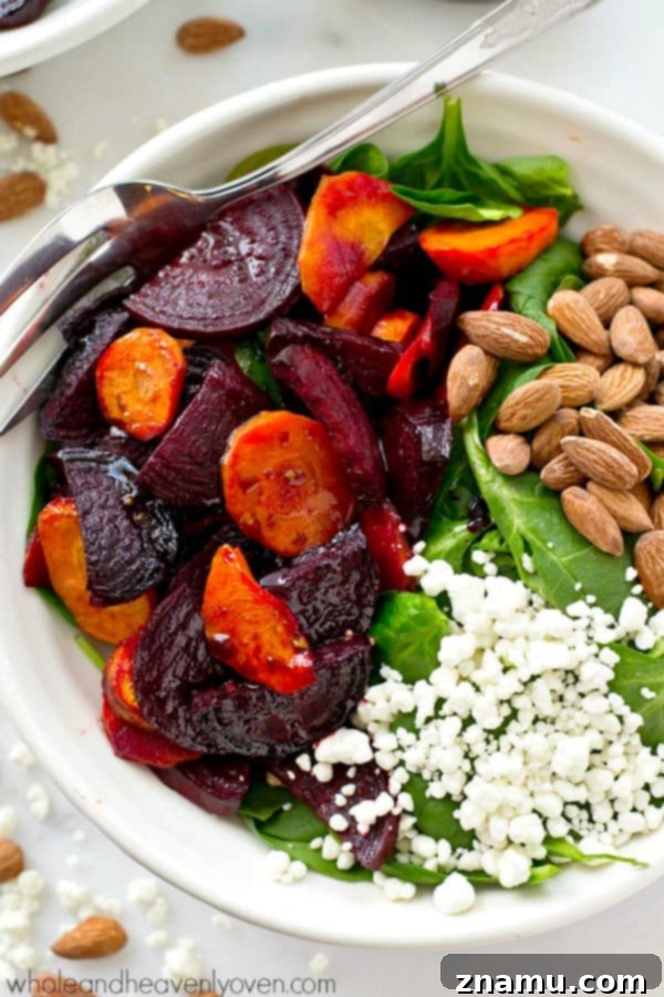 Vibrant Maple Roasted Root and Spinach Salad 5 Roasted carrots and beets for healthy spinach salad